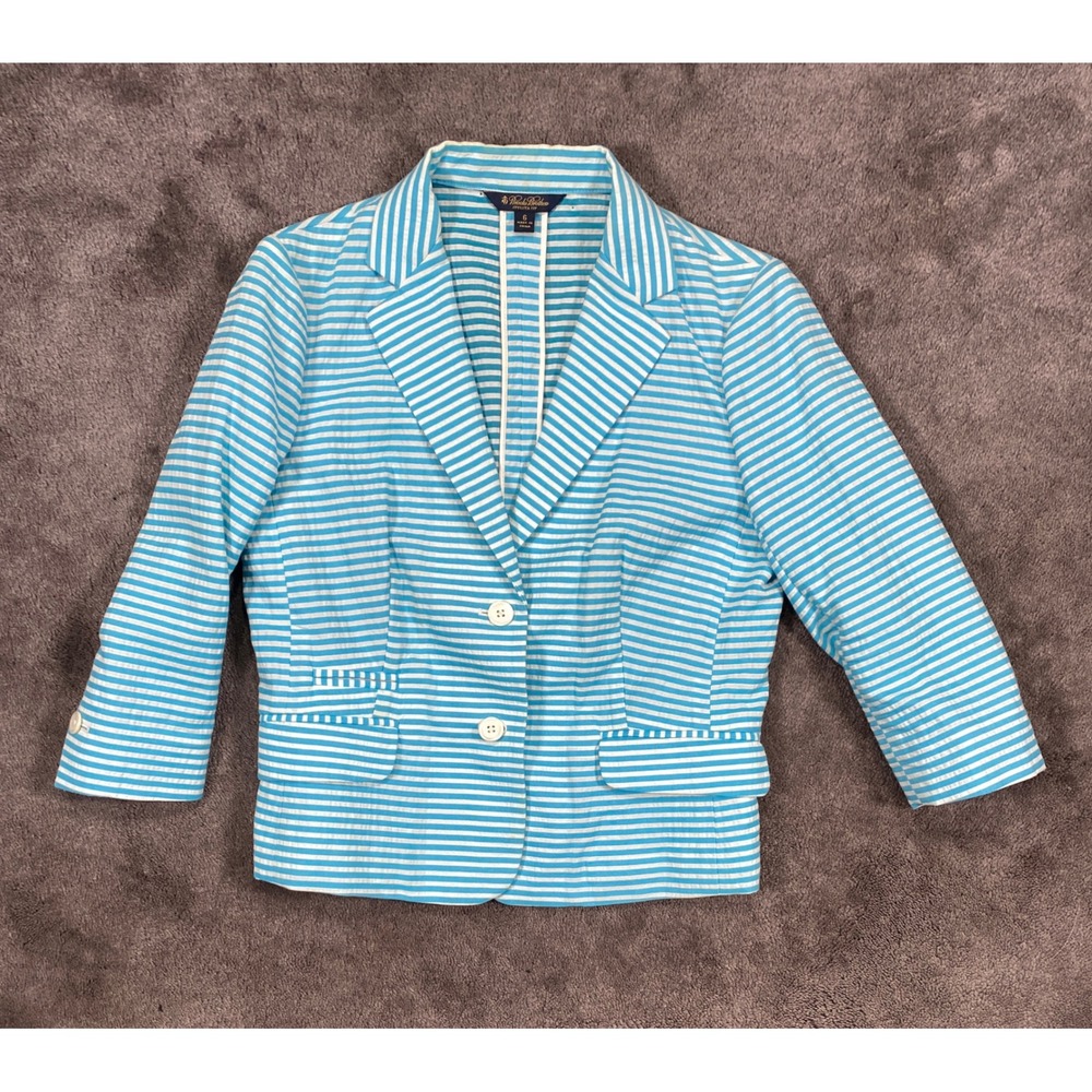 Brooks Brothers Blazer Womens 6 Turquoise White Striped Seersucker Stellita Fit
